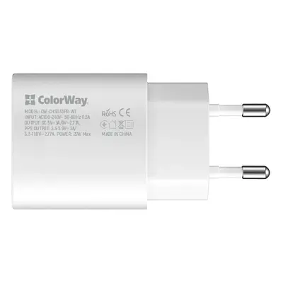 COLORWAY AC TOLTO S POWER DELIVERY PORT PPS USB TYPE-C 25W, FEHER (CW-CHS033PD-WT)