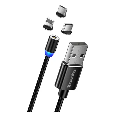 COLORWAY UNIVERZALIS KABEL 3IN1 (LIGHTNING+MICROUSB+TYPE-C) MAGN., 2.4A 1M, FEKETE (CW-CBUU020-B