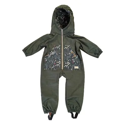 Monkey Mum® Gyermek téli softshell overál báránnyal - Khaki vadász medvével - méret 98/104, 110/