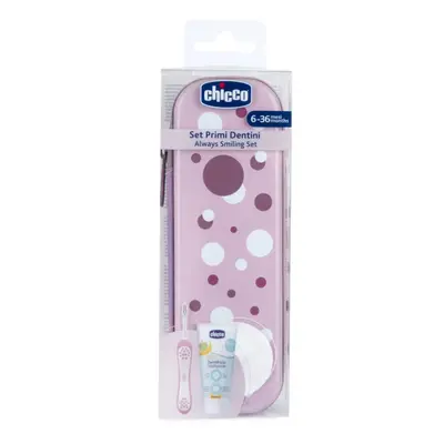 CHICCO Set fogkefe és paszta tokban Mindig mosolygós - lila, 6m+