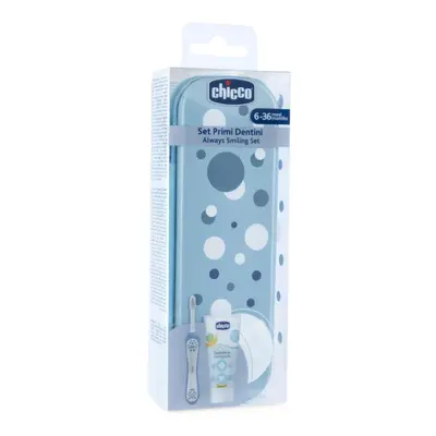 CHICCO Set fogkefe és paszta tokban Mindig mosolygós - világoskék, 6m+