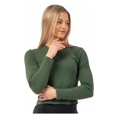 Nebbia Organic Cotton Ribbed Long Sleeve Top Dark Green Fitness póló