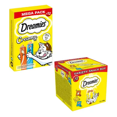 12x10g Dreamies Creamy csirke & lazac+12x60g Dreamies mix (csirke, sajt, lazac)macskasnack 15% á