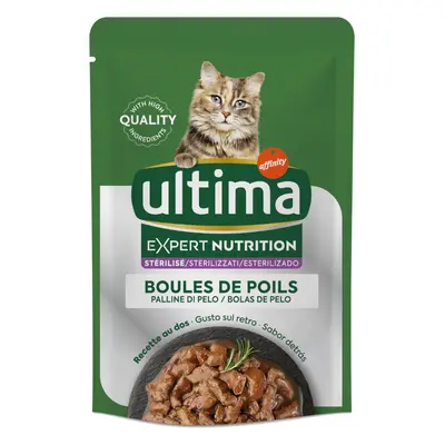 8x70g Ultima Cat Expert Nutrition Hairball marha & lazac nedves macskatáp 25% árengedménnyel