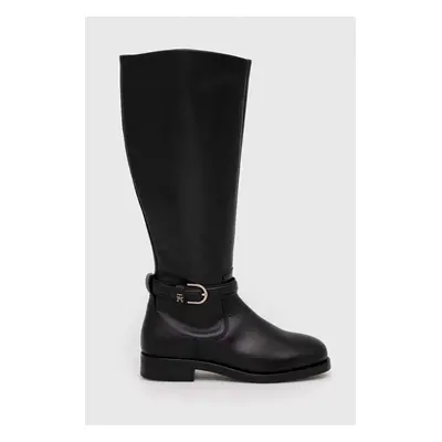 Tommy Hilfiger bőr csizma ELEVATED ESSENT THERMO LONGBOOT fekete, női, lapos talpú, FW0FW07484