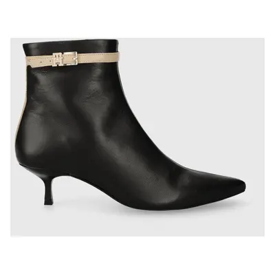 Tommy Hilfiger bőr csizma LEATHER POINTED BOOT fekete, női, tűsarkú, FW0FW07680