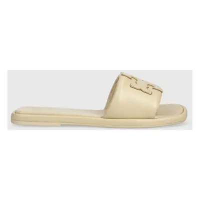 Tory Burch bőr papucs bézs, női, Double T Sport Slide