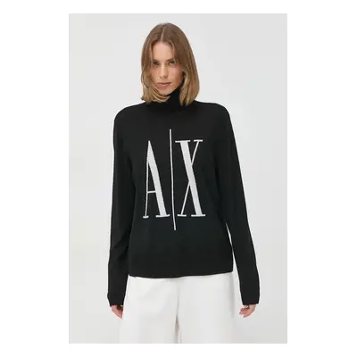 Armani Exchange gyapjú pulóver könnyű, női, fekete, garbónyakú