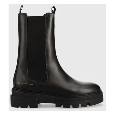 Tommy Hilfiger bőr bokacsizma Monochromatic Chelsea Boot fekete, női, lapos talpú