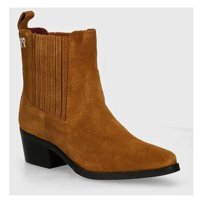 Tommy Hilfiger magasszárú cipő velúrból TH SUEDE COWBOY BOOT barna, női, magassarkú, FW0FW08034