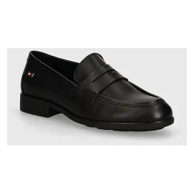 Tommy Hilfiger bőr mokaszin FLAG LEATHER CLASSIC LOAFER fekete, női, lapos talpú, FW0FW08030