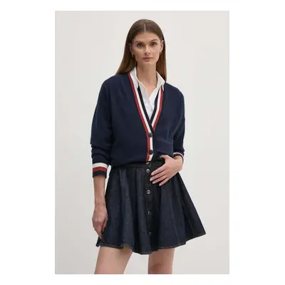 Tommy Hilfiger gyapjú kardigán sötétkék, könnyű, WW0WW42151