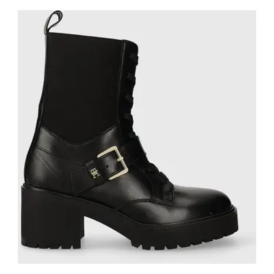 Tommy Hilfiger bőr csizma BELT LEATHER BOOT fekete, női, magassarkú, FW0FW07526