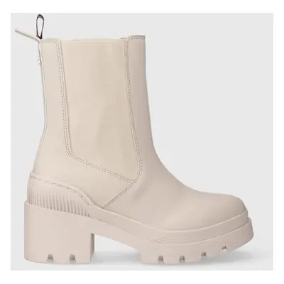 Tommy Hilfiger bokacsizma RUBBERIZED MID HEEL BOOT bézs, női, magassarkú, FW0FW07520