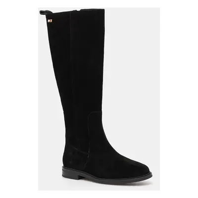 Tommy Hilfiger csizma velúrból FLAG SUEDE LONG BOOT ZIP fekete, női, lapos talpú, FW0FW08178