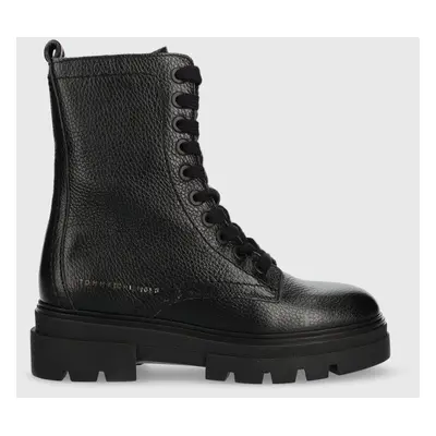 Tommy Hilfiger bőr bakancs Monochromatic Lace Up Boot fekete, női, lapos talpú