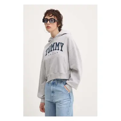 Tommy Jeans pamut melegítőfelső szürke, női, nyomott mintás, kapucnis, DW0DW19291