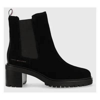 Tommy Hilfiger magasszárú cipő velúrból Outdoor Chelsea Mid Heel Boot fekete, női, magassarkú