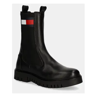 Tommy Jeans bőr bokacsizma TJW LONG CHELSEA BOOT fekete, női, platformos, EN0EN02625