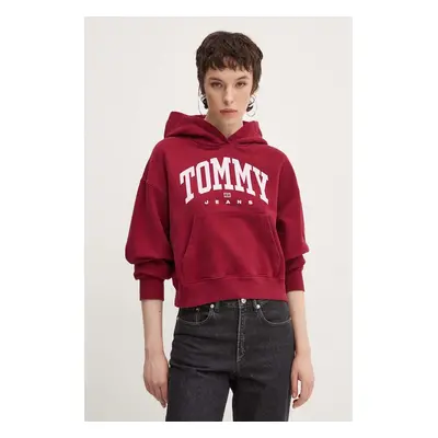 Tommy Jeans pamut melegítőfelső bordó, női, nyomott mintás, kapucnis, DW0DW19291