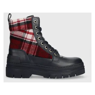 Tommy Hilfiger bokacsizma FEMININE TARTAN LACE UP BOOTIE sötétkék, női, lapos talpú, FW0FW07670