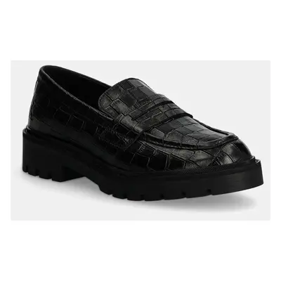 Calvin Klein Jeans bőr mokaszin FLATFORM LOAFER MG CROC LTH fekete, női, platformos, YW0YW01680