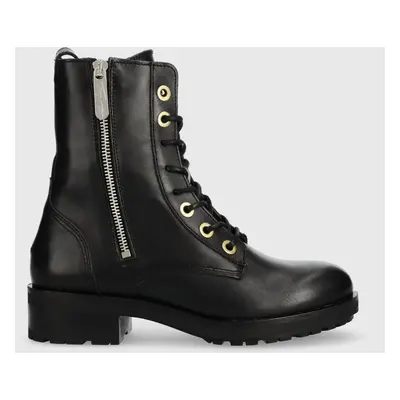 Tommy Hilfiger bőr bakancs Th Essentials Biker Boot fekete, női, téliesített, lapos talpú