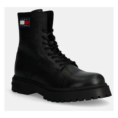 Tommy Jeans bőr cipő TJM LACE UP MID BOOT TUMBLED WL fekete, férfi, EM0EM01470