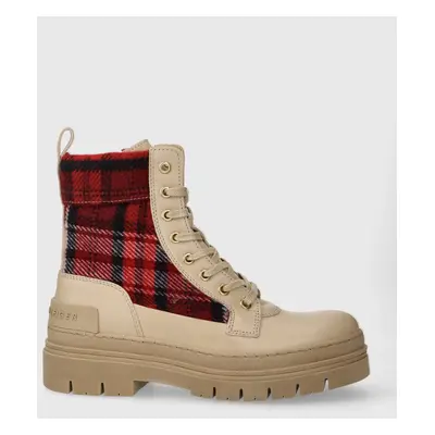 Tommy Hilfiger bokacsizma FEMININE TARTAN LACE UP BOOTIE bézs, női, lapos talpú, FW0FW07670