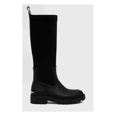 Calvin Klein Jeans csizma High Rainboot Neoprene fekete, női, lapos talpú