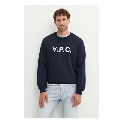 A.P.C. pamut melegítőfelső sweat standard grand vpc GOTS sötétkék, nyomott mintás, COHBN.M27907