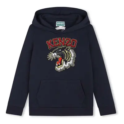 Kenzo Kids gyerek melegítőfelső pamutból sötétkék, nyomott mintás, kapucnis, K60767