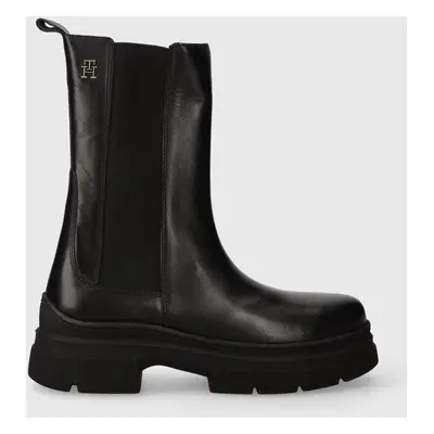 Tommy Hilfiger bőr bokacsizma ESSENTIAL LEATHER CHELSEA BOOT fekete, női, lapos talpú, FW0FW0749