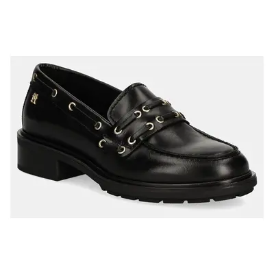 Tommy Hilfiger bőr mokaszin NAUTICAL EYELETS LEATHER LOAFER fekete, női, platformos, FW0FW08148