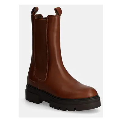 Tommy Hilfiger bőr bokacsizma MONOCHROMATIC CHELSEA BOOT barna, női, lapos talpú, FW0FW06730