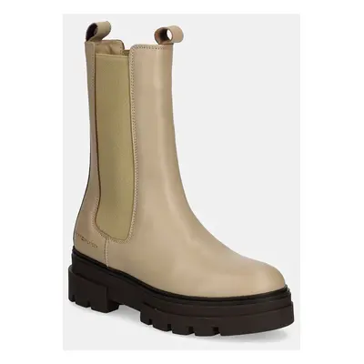 Tommy Hilfiger bőr bokacsizma MONOCHROMATIC CHELSEA BOOT bézs, női, lapos talpú, FW0FW06730