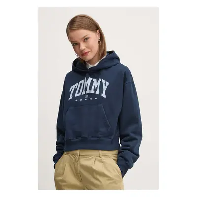 Tommy Jeans pamut melegítőfelső sötétkék, női, nyomott mintás, kapucnis, DW0DW19291