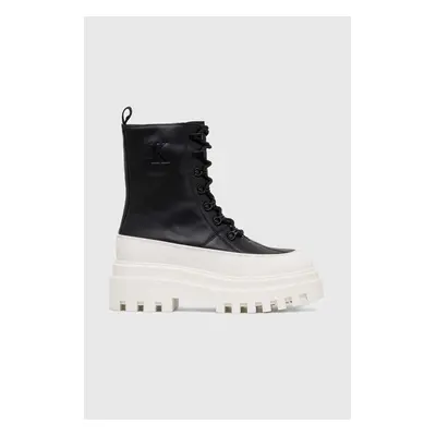 Calvin Klein Jeans bőr bakancs FLATFORM LACE UP BOOT LTH fekete, női, platformos, YW0YW01110