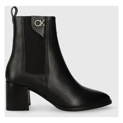 Calvin Klein bőr bokacsizma ALMOND CHELSEA BOOT W/HW fekete, női, magassarkú, HW0HW01814