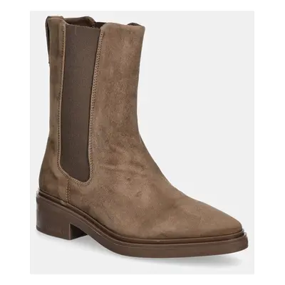 Calvin Klein magasszárú cipő velúrból HEEL CHELSEA BOOT SUE barna, női, lapos talpú, HW0HW02191