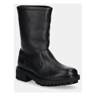 Calvin Klein bőr csizma FLAT BIKER BOOT LTH fekete, női, platformos, HW0HW02234