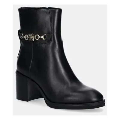 Tommy Hilfiger bőr csizma TH CHAIN LEATHER MID HEEL BOOTIE fekete, női, magassarkú, FW0FW08183