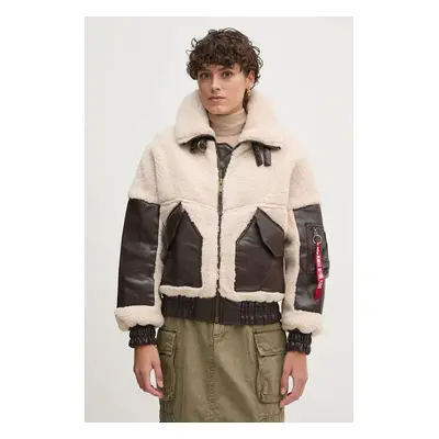 Alpha Industries rövid kabát Teddy PU Bomber női, bézs, átmeneti, oversize