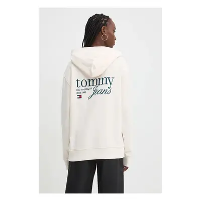 Tommy Jeans pamut melegítőfelső bézs, női, nyomott mintás, kapucnis, DW0DW18760