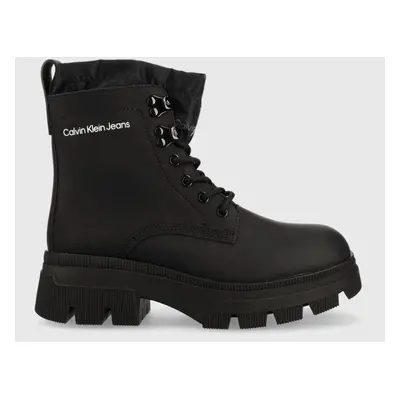 Calvin Klein Jeans bőr csizma Chunky Combat Laceup Hiking fekete, női, magassarkú