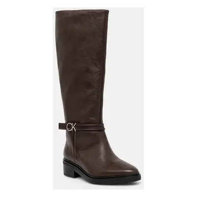 Calvin Klein bőr csizma HEEL KNEE BOOT W/HW LTH barna, női, platformos, HW0HW02184