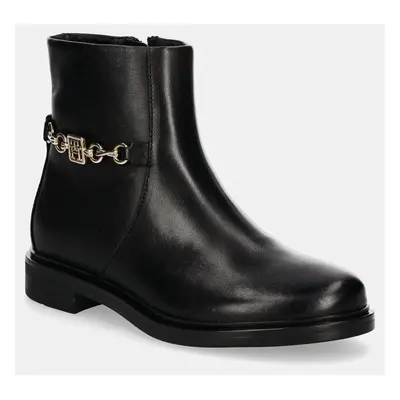 Tommy Hilfiger bőr csizma TH CHAIN LEATHER LOW BOOTIE fekete, női, lapos talpú, FW0FW08251