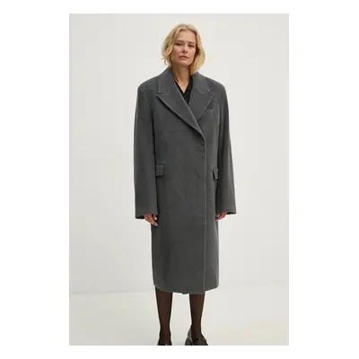 Remain gyapjúkabát Heavy Wool Long Coat szürke, átmeneti, kétsoros gombolású