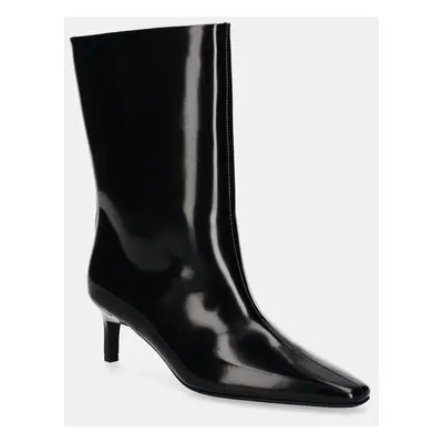 Calvin Klein bőr csizma HEEL MID BOOT LTH fekete, női, tűsarkú, HW0HW02151