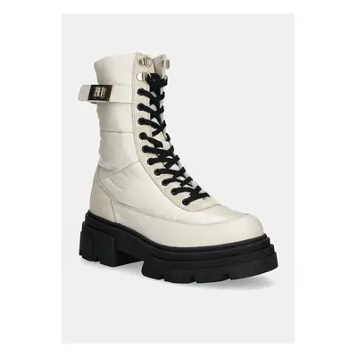 Tommy Hilfiger bokacsizma BIKER LEATHER MIX LACE-UP fehér, női, lapos talpú, FW0FW08246